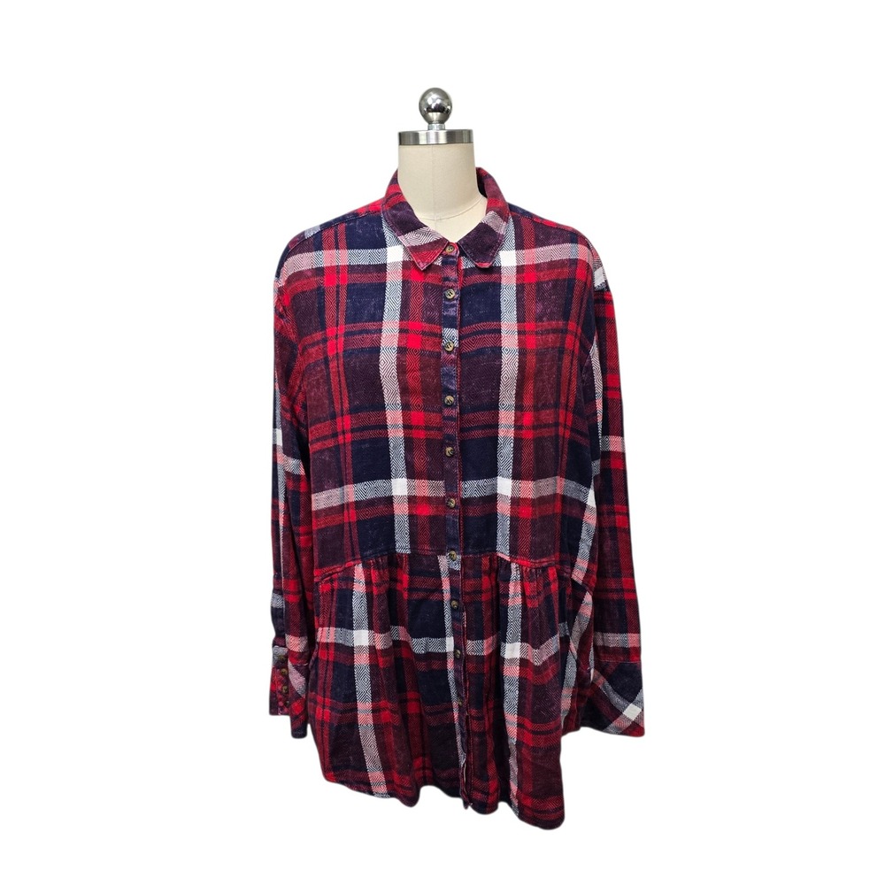 Free‎ People Plaid Babydoll Button Down Shirt Red Navy White Diamond Weave Large
